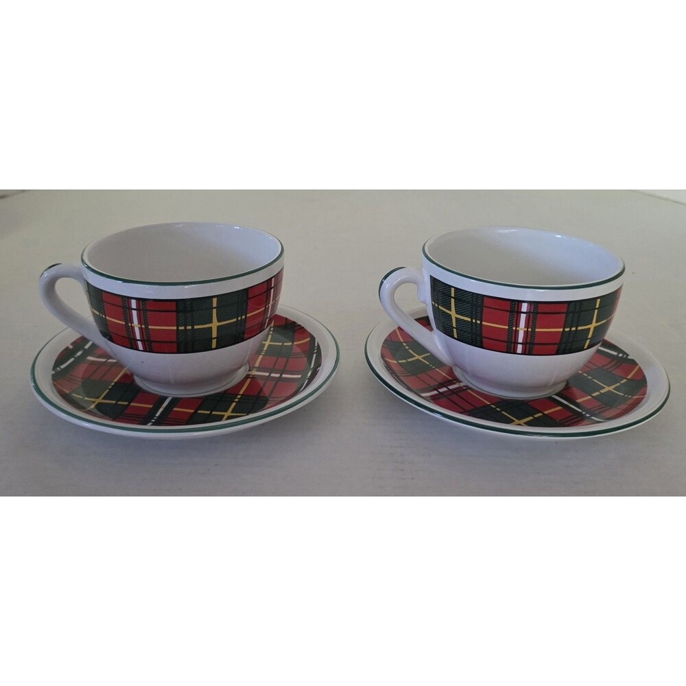 Set Of 2 RB Bernarda Portugal Christmas Red & Green Tartan Plaid Cup and Saucers